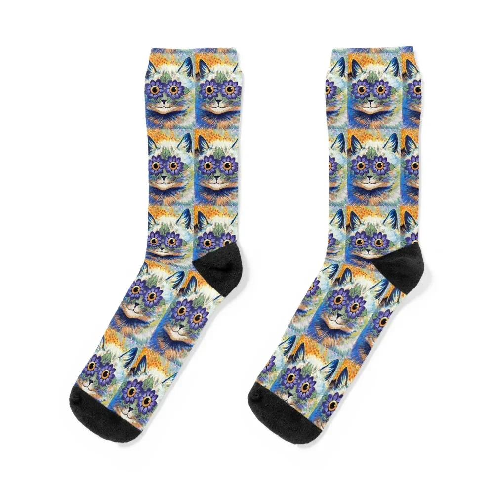 Cat With Blue Petals” by Louis Wain Louis Wain, Early 1900, Victorian cat art, Socks snow Non-slip cute retro Women Socks Men's