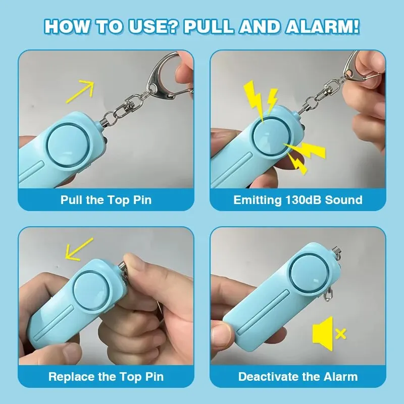개인 보안 경보 자기 방어 130dB 시끄러운 키 체인 여성을위한 휴대용 안전 Anti-satyr 어린이 노인 소녀 비상 경보
