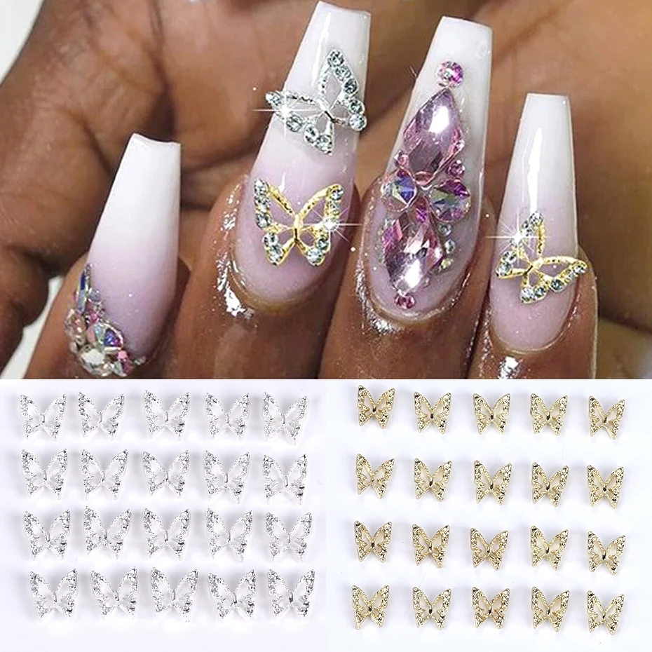 10/20pcs Butterfly Shaped Rhinestones Nail Parts Silver/Gold Butterfly 3D Manicure Zirconia Luxury Butterfly Jewelry Nail Charms