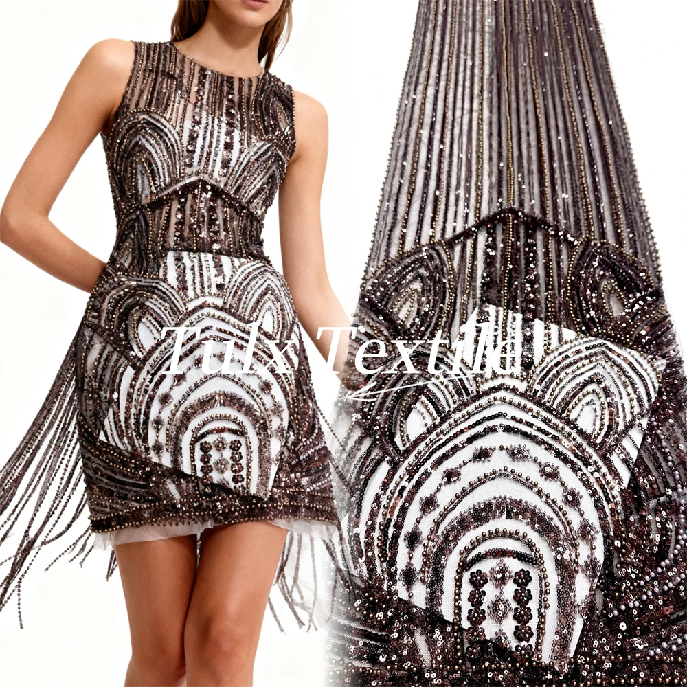 

Coffee African Sequins Beaded Lace Fabrics 2026 High Quality French Embroidery Beads Lace Fabric For Nigerian Wedding Sewing