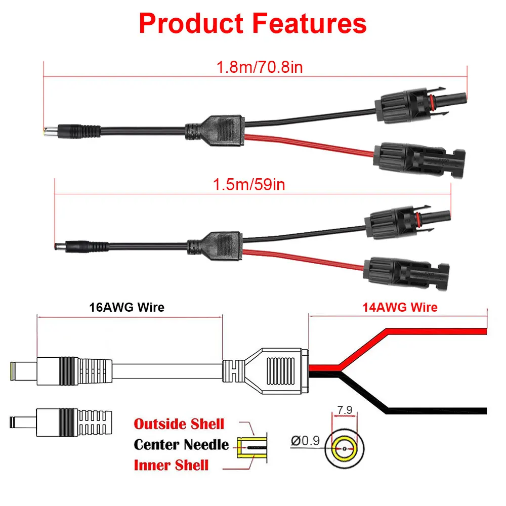 DC5521 DC7909 Solar Panel Connector 14AWG Adapter Cable Wire PV Panel Plug Cord Battery Wiring Solar Extension Cable