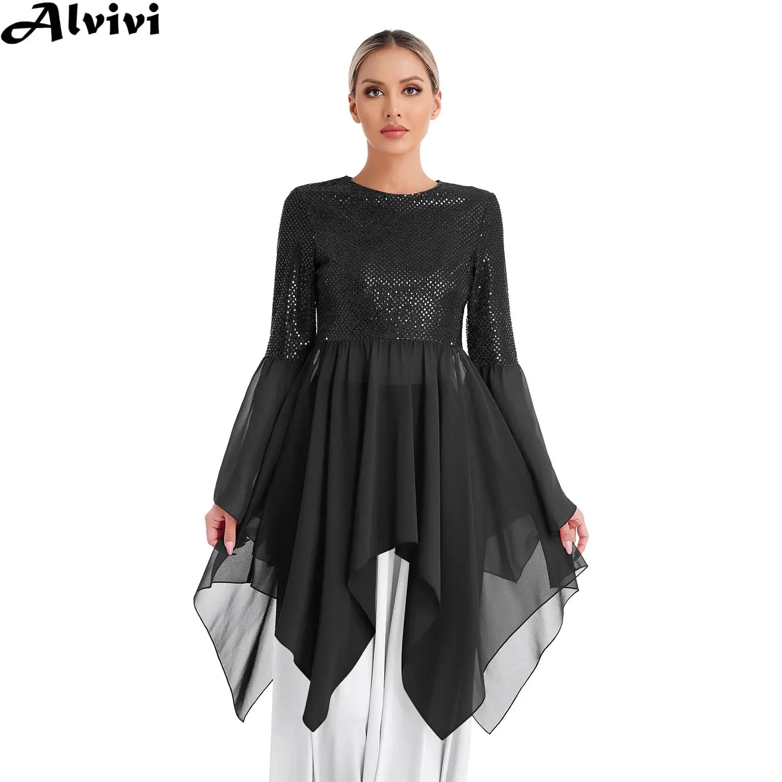 Women Lyrical Dance Dress Shiny Sequins Flared Sleeve Asymmetrical Hem Tunic Gown Church Choir Praise Worship Liturgical Costume