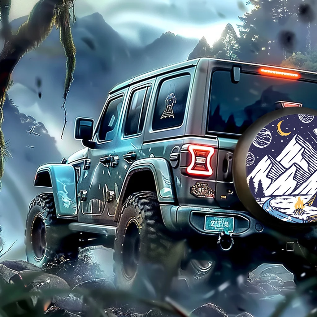 Mountain Camping Theme Polyester Tire Cover For Truck, SUV, Trailer, RV - Wheel Protector, 15 Inch Spare Tire Cover