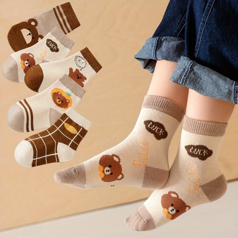 5 Pairs Kids Cartoon Bear Crew Socks Soft Cotton LUCK Print Casual Mid-Calf Socks for Boys Girls