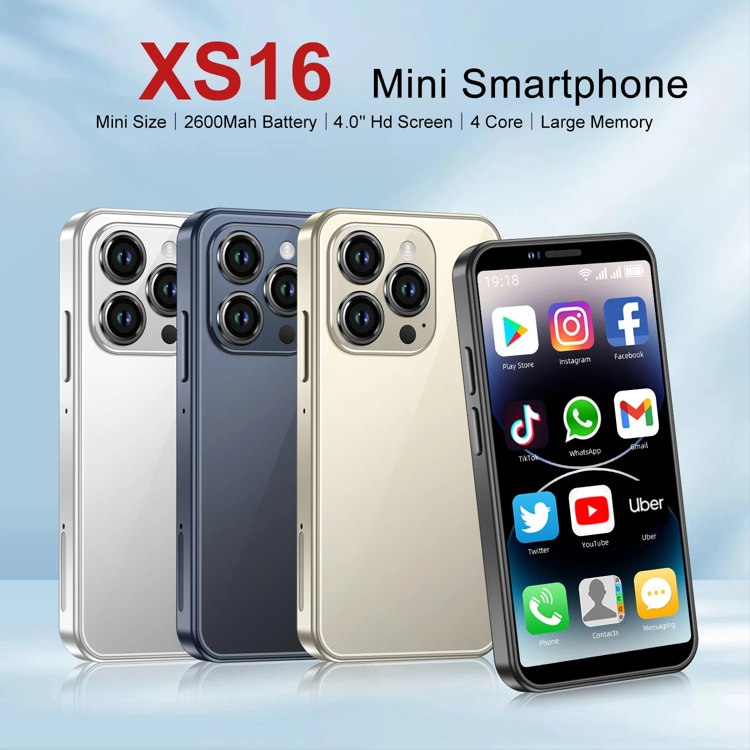 XS16 미니 스마트폰, 4 인치 HD 스크린, 4GB RAM, 128GB ROM, 2600mAh 배터리, 안드로이드 9.0, 세련된 디자인, 트렌디 색상, 신제품