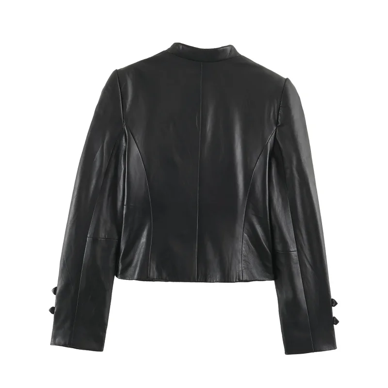 2026 Herbst Neuer Stil Streetwear Damen Kunstleder Kurze Jacke Stehkragen Langarm Froschknopf-Dekor Schmale Passform Mantel – Detail 3