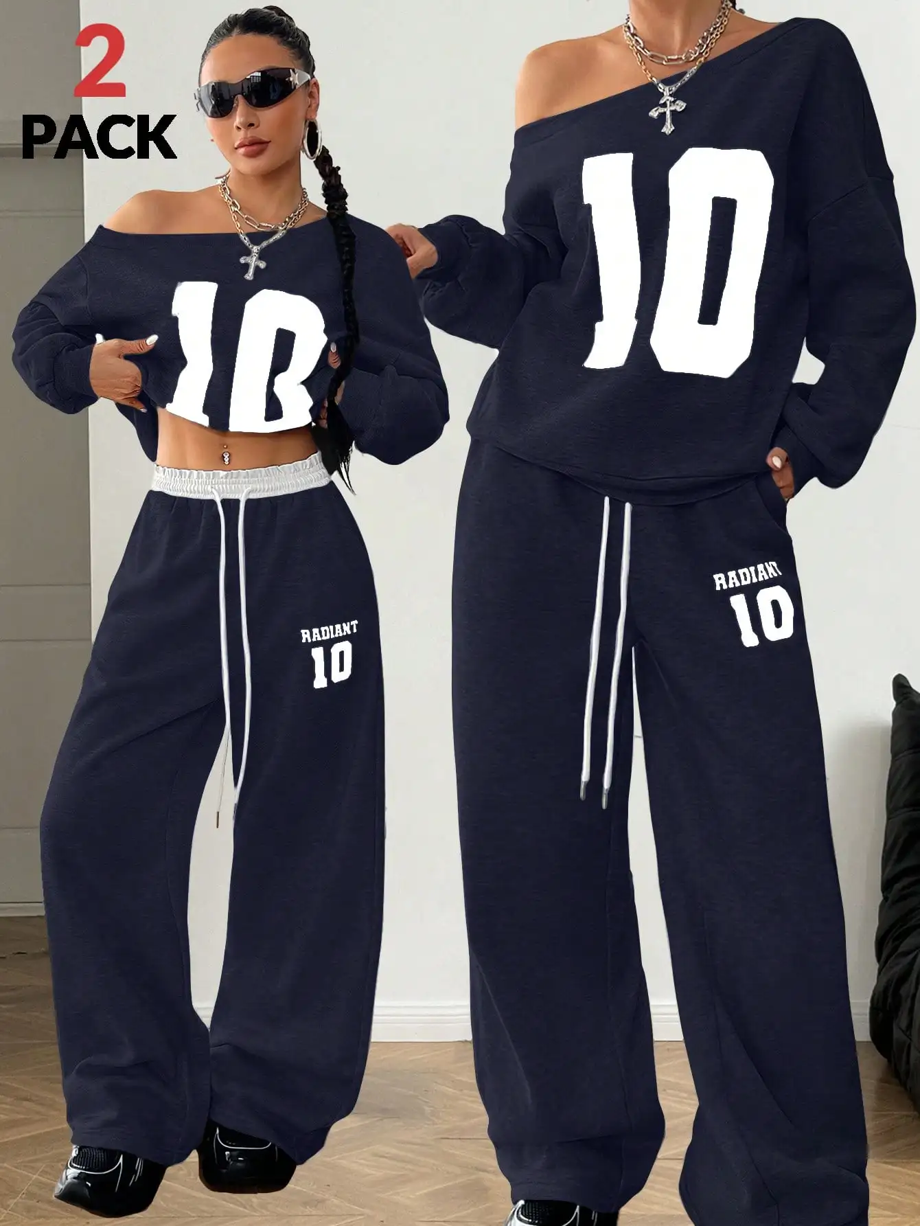 BWQ الفتيات الشتاء Y2K Preppy ارتداء اليومي عدد ملابس منقوشة بكم طويل البلوز وحزام مطاطي أبيض واسعة الساق Sweatpants #1