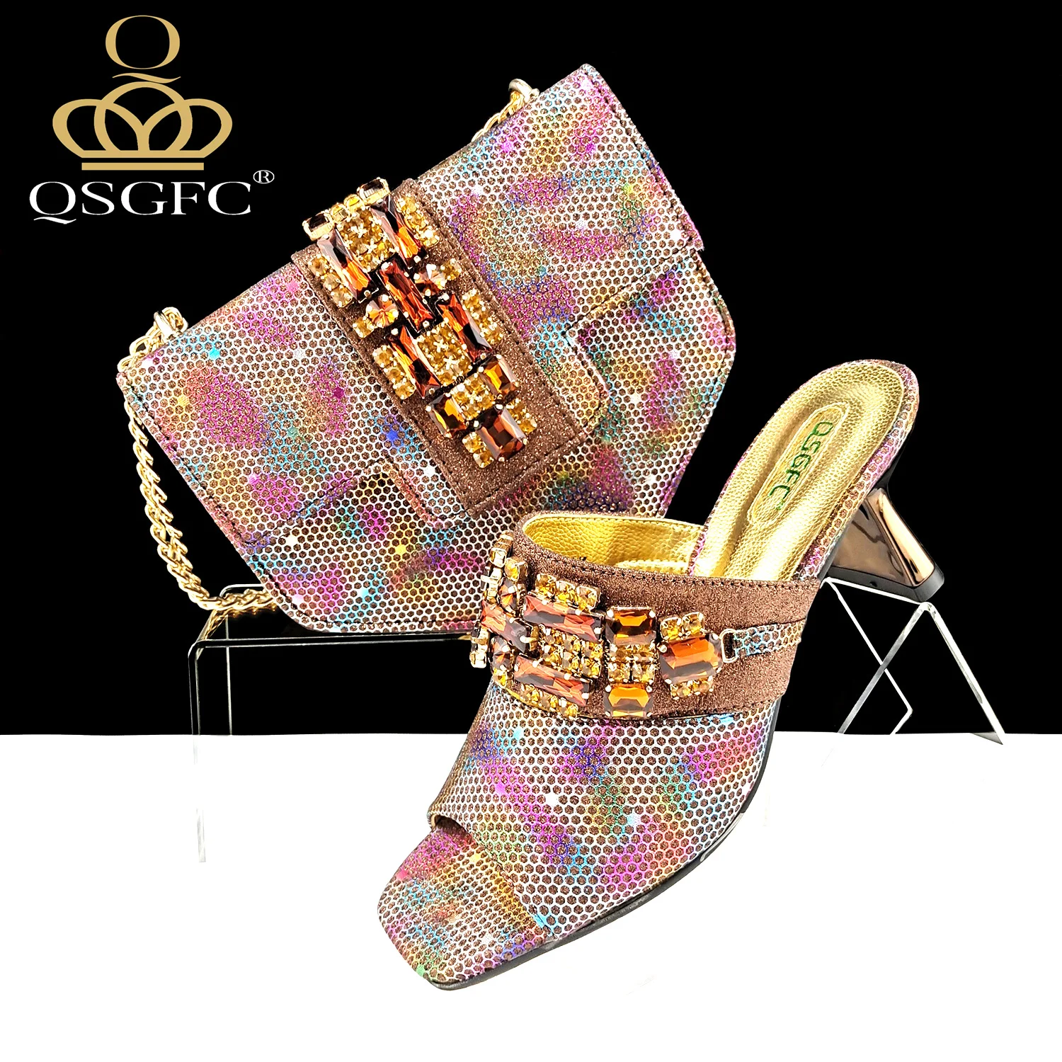 QSGFC Italian Fashion Square toe Women Strange Heels Bigger size Fashion Rhinestone Decoration Brown Shoes And Bag set Party bag