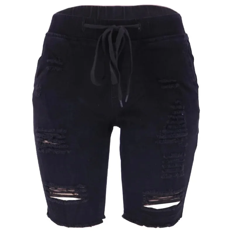 Shorts.Washed Ripped 중간 길이 워시 청바지, 봄과 여름 여성용 새로운 패셔너블한 신축성 있는 허리 드로스트링 짧은 청바지