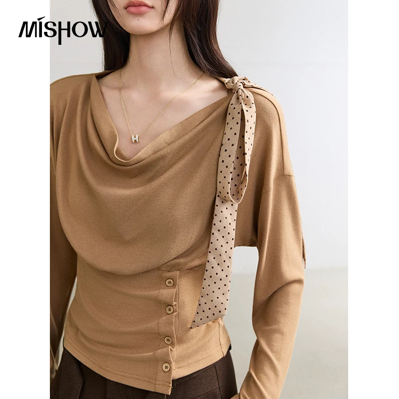 MISHOW Women's Long Sleeve Tops Draped Cowl Neck Polka Dot Bow Commuter Blouse 2026 Fall New Versatile Cozy Clothing MXF46T3257