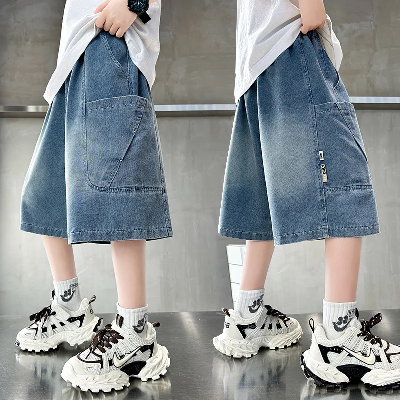 

Kids Child Loose Style Summer Cargo Denim Shorts with Side Pocket for Teenager Boys Casual Knee Length Blue Jeans Capris 5-14 Y