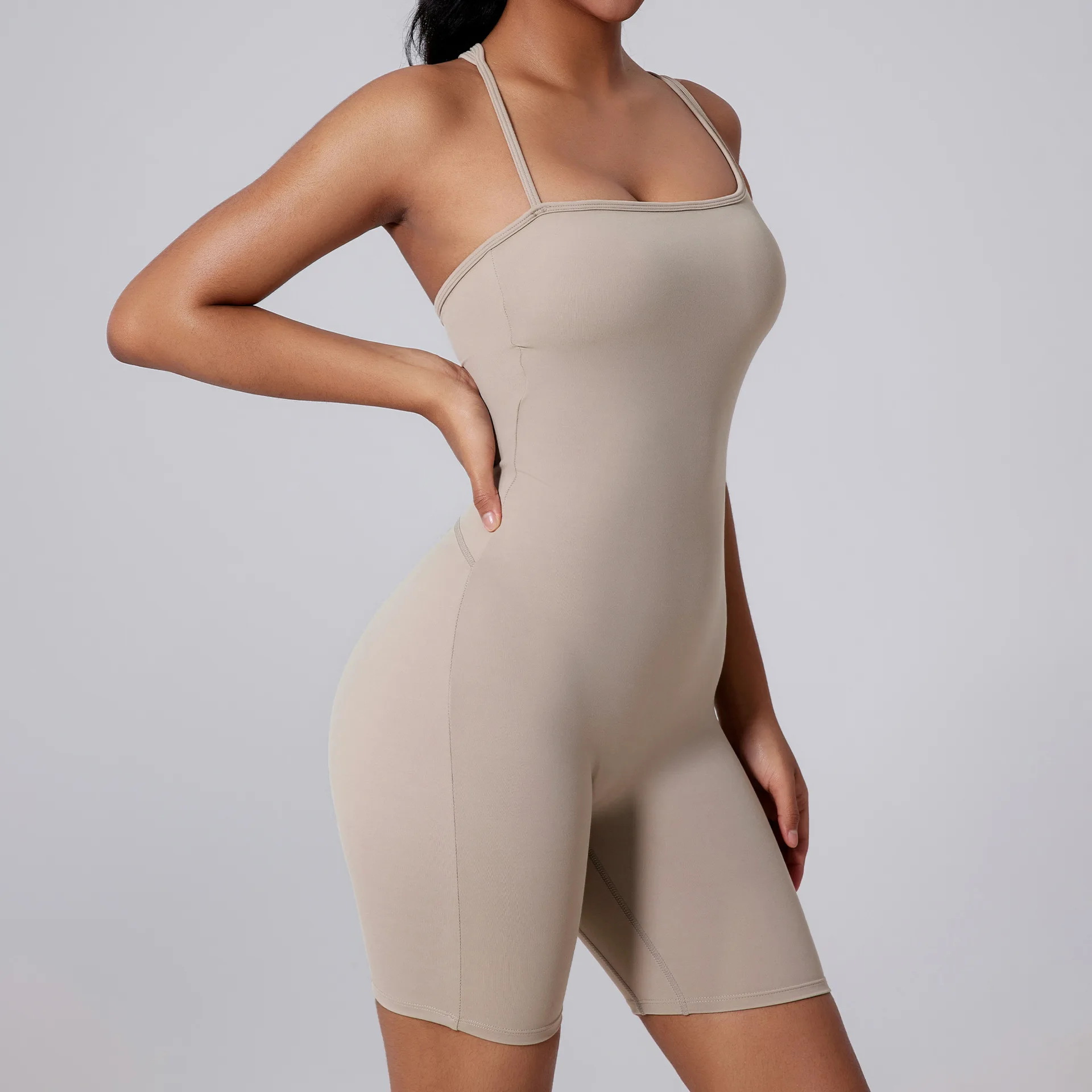 Women Seamless Yoga Jumpsuit Backless One Piece Romper Pleated Shorts Hip Lift Gym Dance Outfit Tight Fit Fitness Workout Suit