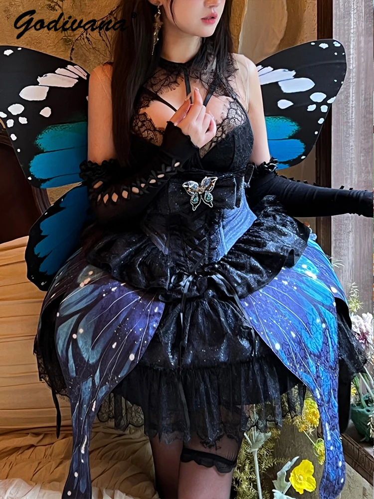 

Sparkling Butterfly Ceremony Birthday Dress Womens Luxury Lace Camisole Top Slim Corset Waist and Mini Skirt Sweet Party Outfits