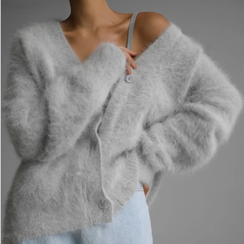 Damen-Plüsch-Strickpullover 2025, Herbst/Winter, lockerer, langärmeliger Pullover mit V-Ausschnitt, Mantel, sexy und modischer Pullover