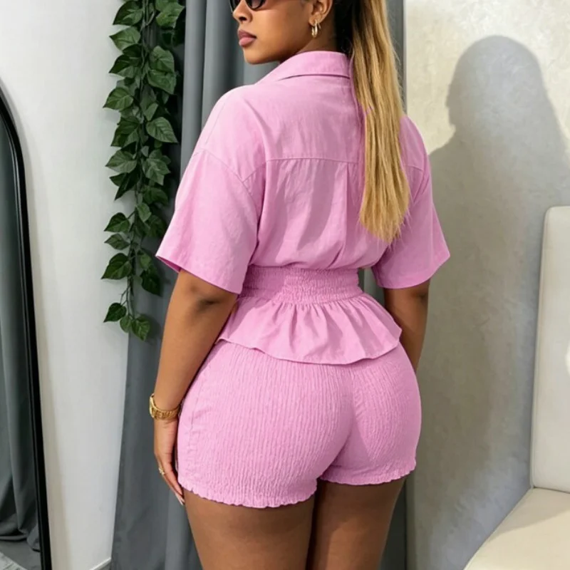 Women 2 Piece Outfit Short Sleeve Smocked Waist Peplum Shirt Elastic High Waist Shorts Casual Matching Set Summer Streetwear