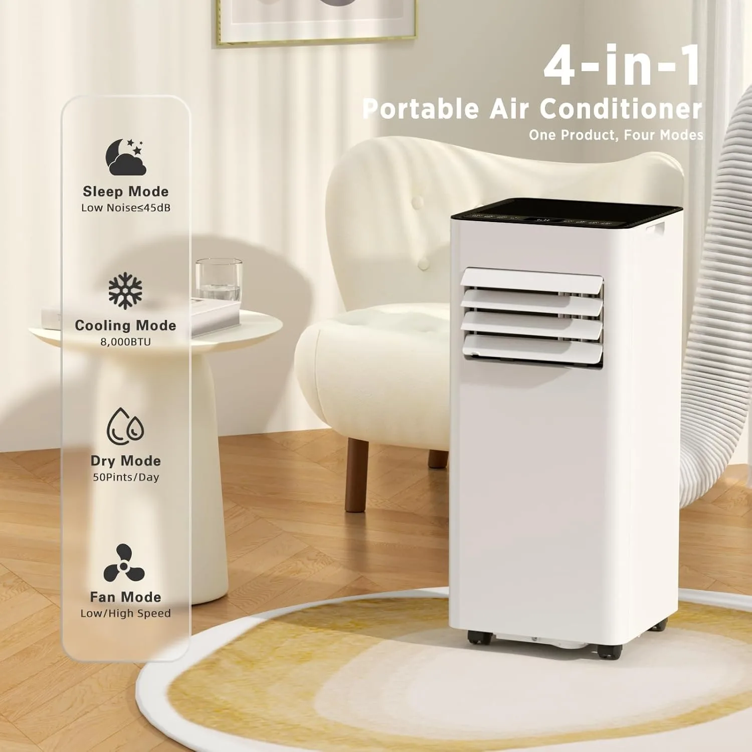 8,000 BTU AC portabel hingga 350 Sq.Ft, dengan Remote Control/tampilan LED besar/Timer 24 jam/kit instalasi, putih