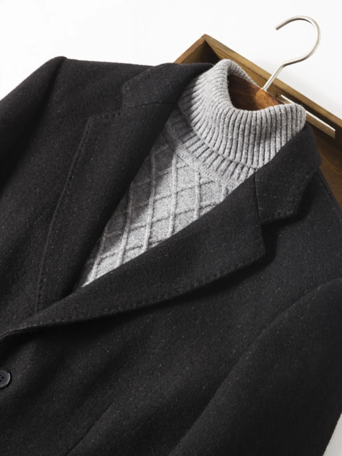 44 معطف بدلة بلا صوفي للشباب للخريف والشتاء Sle Faion Ci Stand Fit مزدوج الصدر لون نقي بحاشية مستقيمة #2