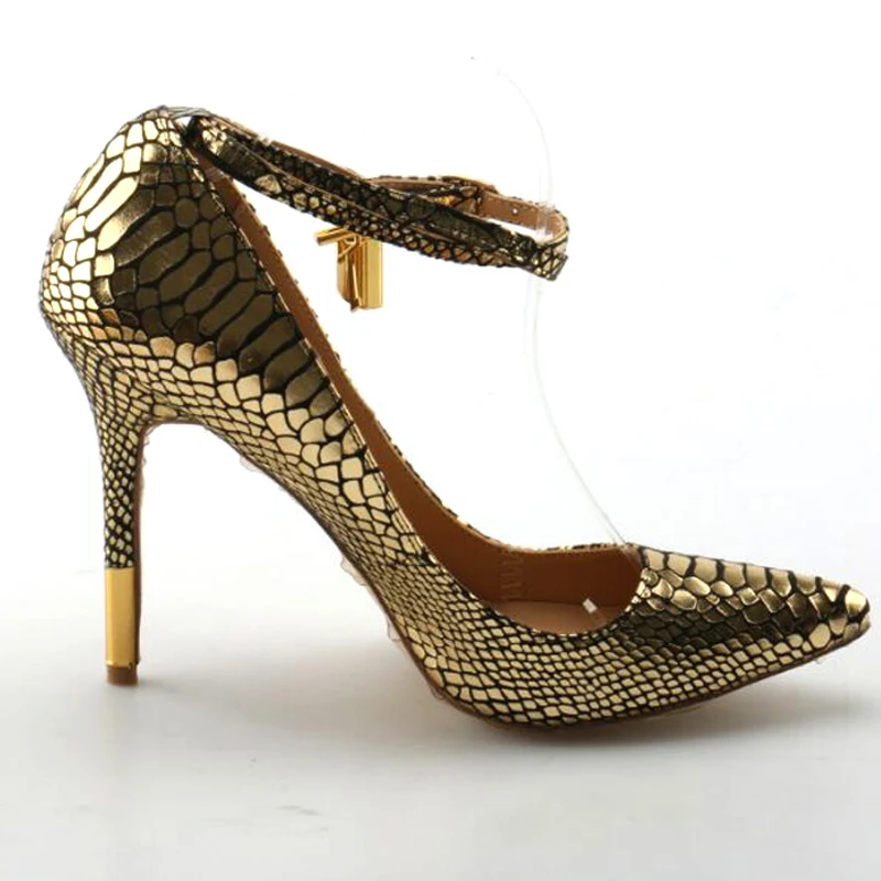 

Sexy Women Golden Snakeskin Pattern Metal Lock Pumps Pointed Toe Ladies Ankle Strap Plated Stiletto Heels Party Dress Shoes