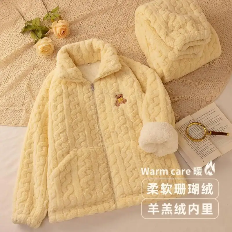 

Women's Pajama Set Girl Homewear Coral Fleece Plush Winter Jacquard Zip Embroidered Bear Cozy Home Loungewear Warm Outfit Ladies