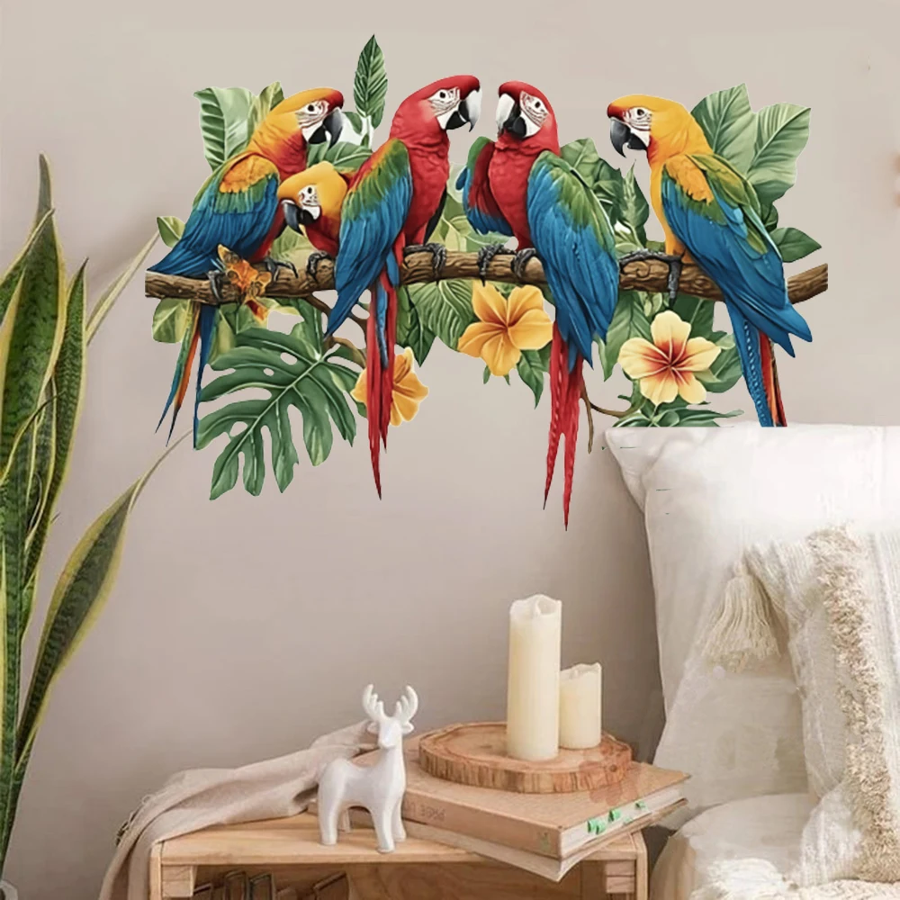 3Pcs Parrots on Branch Wall Stickers Bedroom Playroom Vibrant Tropical Foliage Bird Wall Decals Baby Nursery Living Room