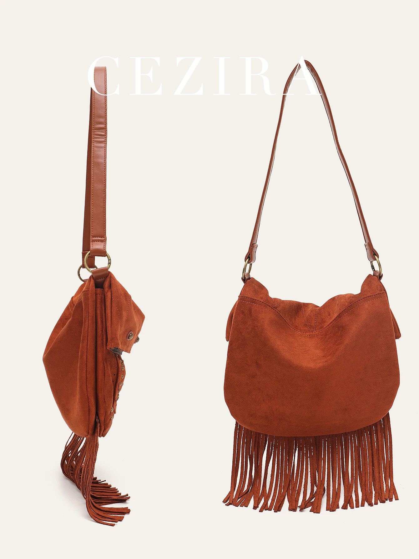 CEZIRA Women's Faux Suede Patchwork PU Leather Tassels Beads Decor Half-moon Hobo Bohemia Retro Tribal Style Shoulder Bag