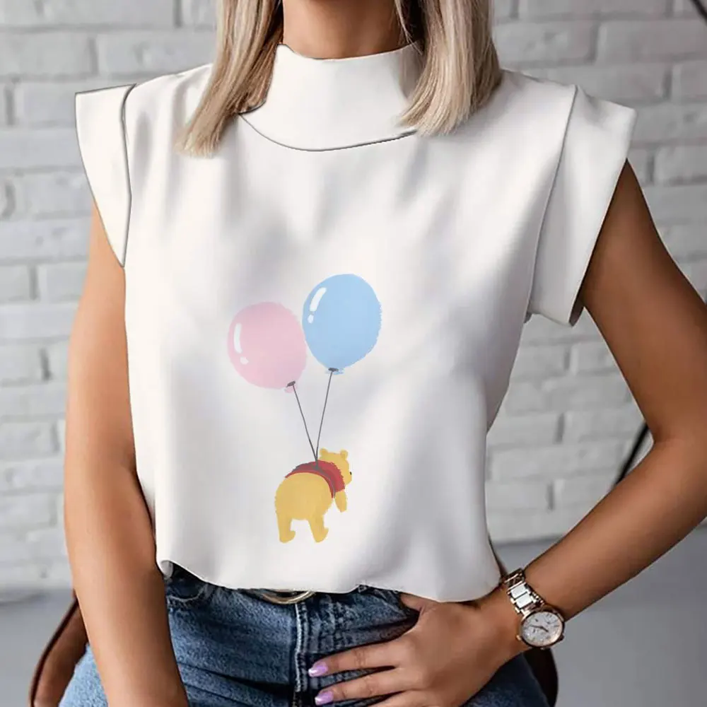 3d Cartoon Casual Korte Mouwen 2024 Nieuwe Korte Mouwen Winnie De Pooh Modieus En Comfortabel Dames T-Shirt Met Hoge Hals