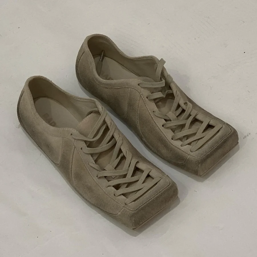 Square Toe Crisscross Lace Up Derby Shoes Vintage Distressed Leather Trainer Shoes Suede Patchwork Casual Retro Walking Footwear