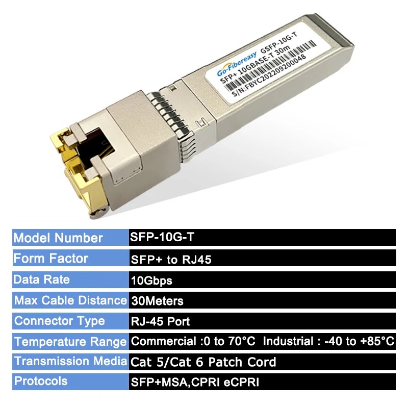 SFP to RJ45 10Gb Módulo transceptor de 10Gb SFP a RJ45, SFP-10G-T 10GBase-TX, cobre RJ45, 30m, para interruptor óptico de fibra