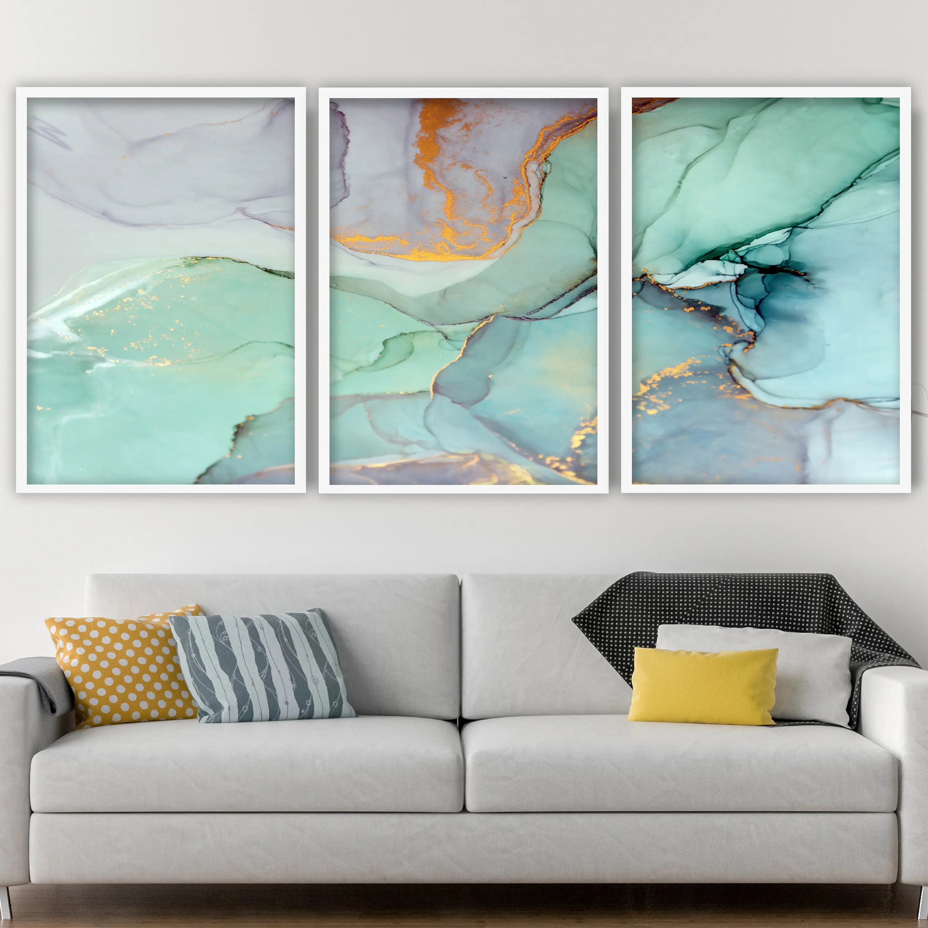 3pcs frameless Canvas Painting 3pcs Modern, Stylish Blue, Green, and Gold Abstract Posters: 2D Flat Marble Texture Canvas Prints