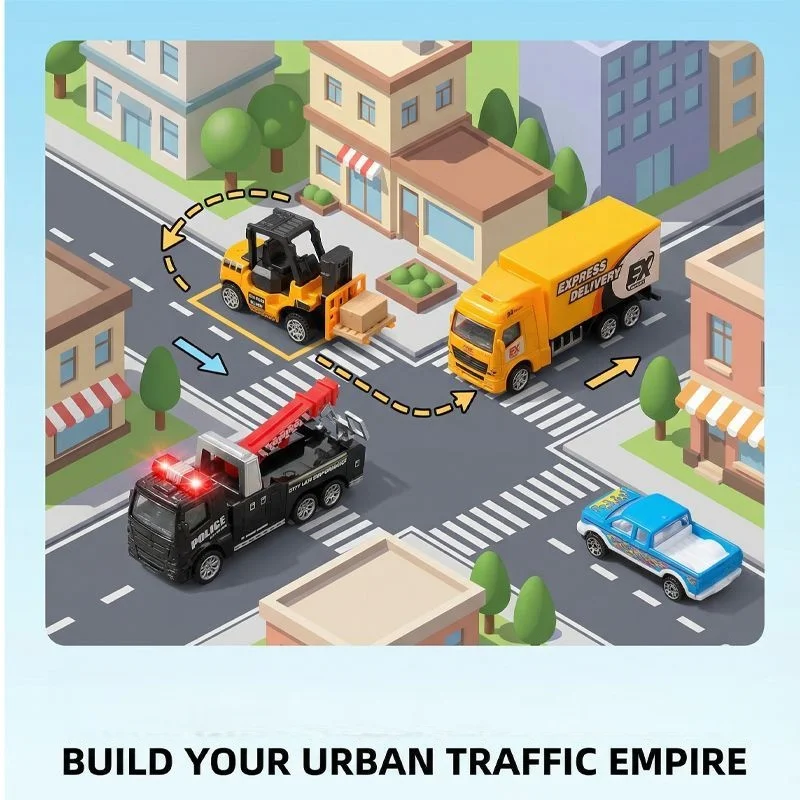 รถของเล่นจำลองโลหะผสม ยานยนต์วิศวกรรม รถตำรวจ รถดับเพลิงเด็ก รถกู้ภัยแบบแบนสำหรับเด็กผู้ชาย รุ่นแบบดึงกลับ