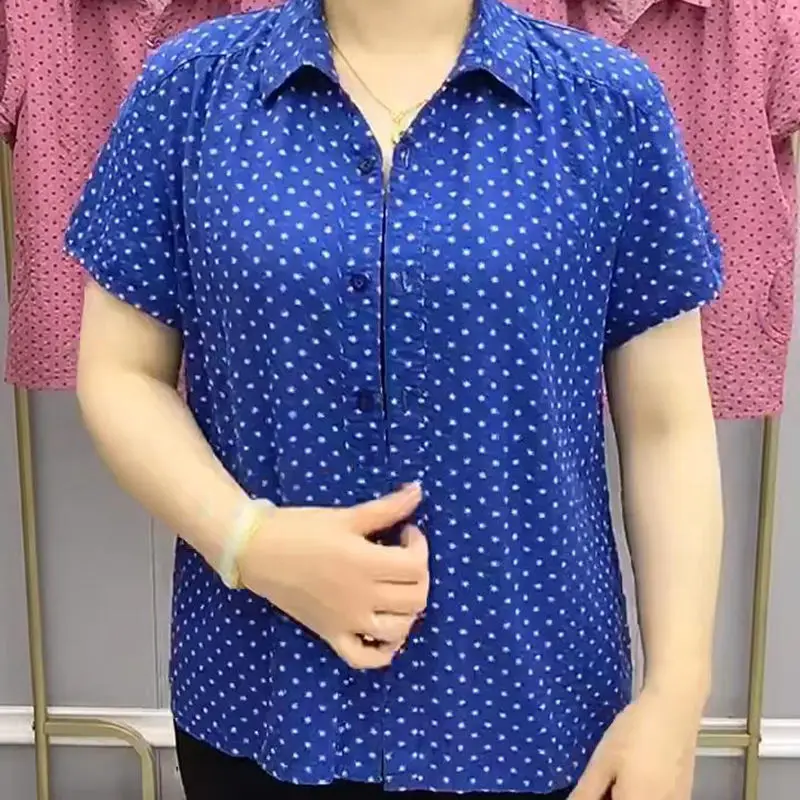 Women\'s Short Sleeve Casual Polka Dot Printed Shirt Summer Female Clothing Fashion Loose Turn-down Collar Single-breasted Blouse