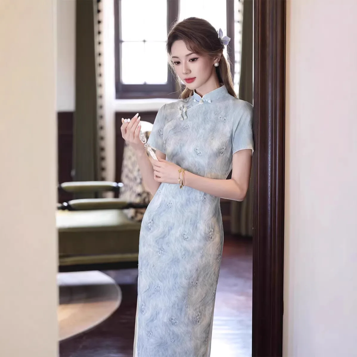 Yourqipao Summer Jacquard Cotton Linen Long Fresh Elegant Cheongsam Waist Slimming  Chinese Traditional Qipao Dress for Women