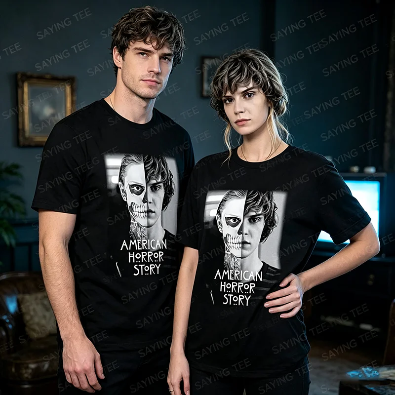 Pepper Evan Peters Skull Ahs Roanoke Poster Herren Damen T-Shirts Y2k Tate Langdon Skull Designer Lustiges Streetwear Grafik-T-Shirt – Detail 3