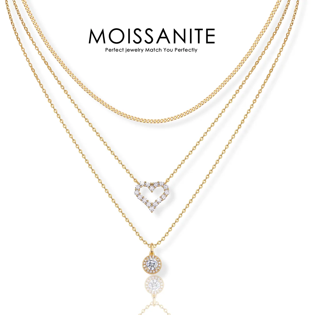 1.33CTW 3 Layers Heart Circle Moissanite Necklace Set S925 Silver 18K Gold Plated Adjustable Chain Pendant Jewelry Gift for Lady