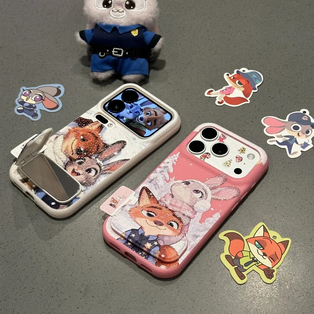 Kawaii جديد ل Zootopia 2 جراب هاتف آيفون 17 17 برو 17 برو ماكس زوجين حافظة هاتف مقاومة للصدمات مع حامل ومرآة عيد الميلاد #3