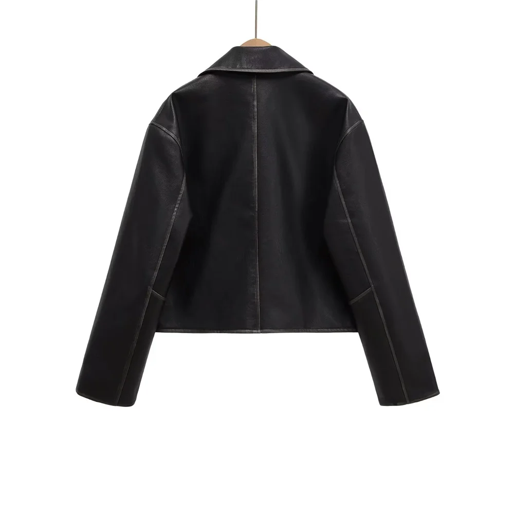 women's new casual pocket decoration lapel versatile patch bag leather PU leather jacket jacket jacket