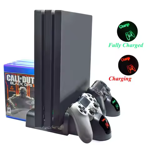 PS4 Stand Cooling Fan Station for Playstation 4/Slim/Pro with Dual Controller EXT Port Charger Dock Station and 10 Game Slots