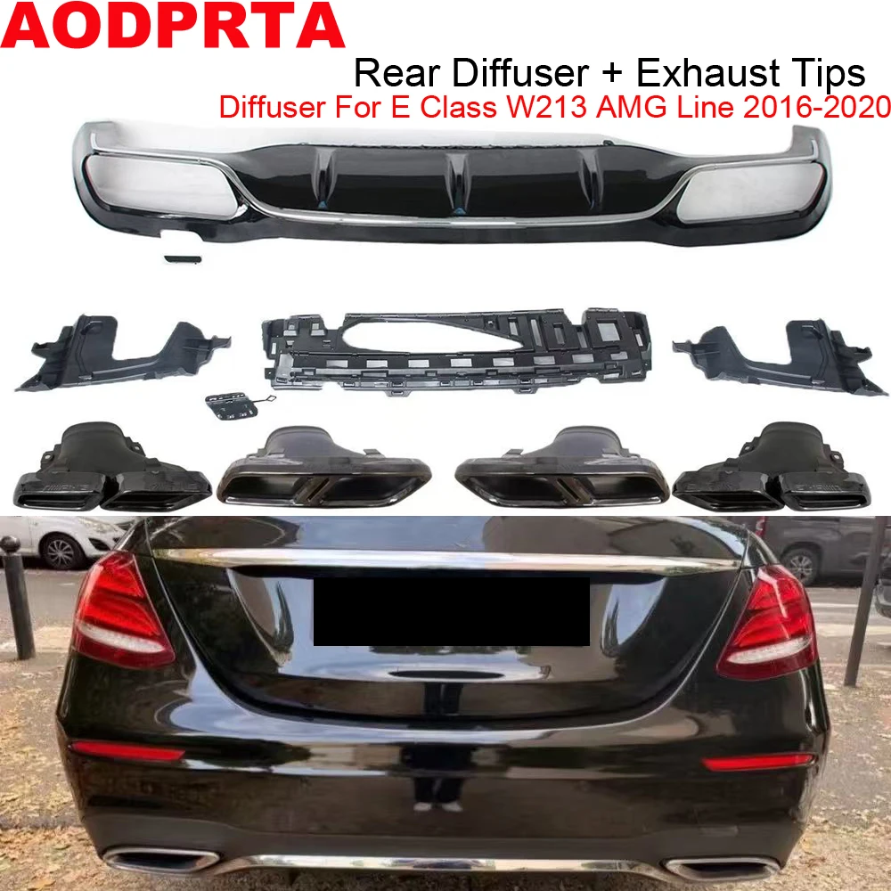 Rear Bumper Diffuser + Stainaless Steel Exhaust Tips For Mercedes Benz E Class W213 2016-2020 AMG Line Sport Edition E53 Silver