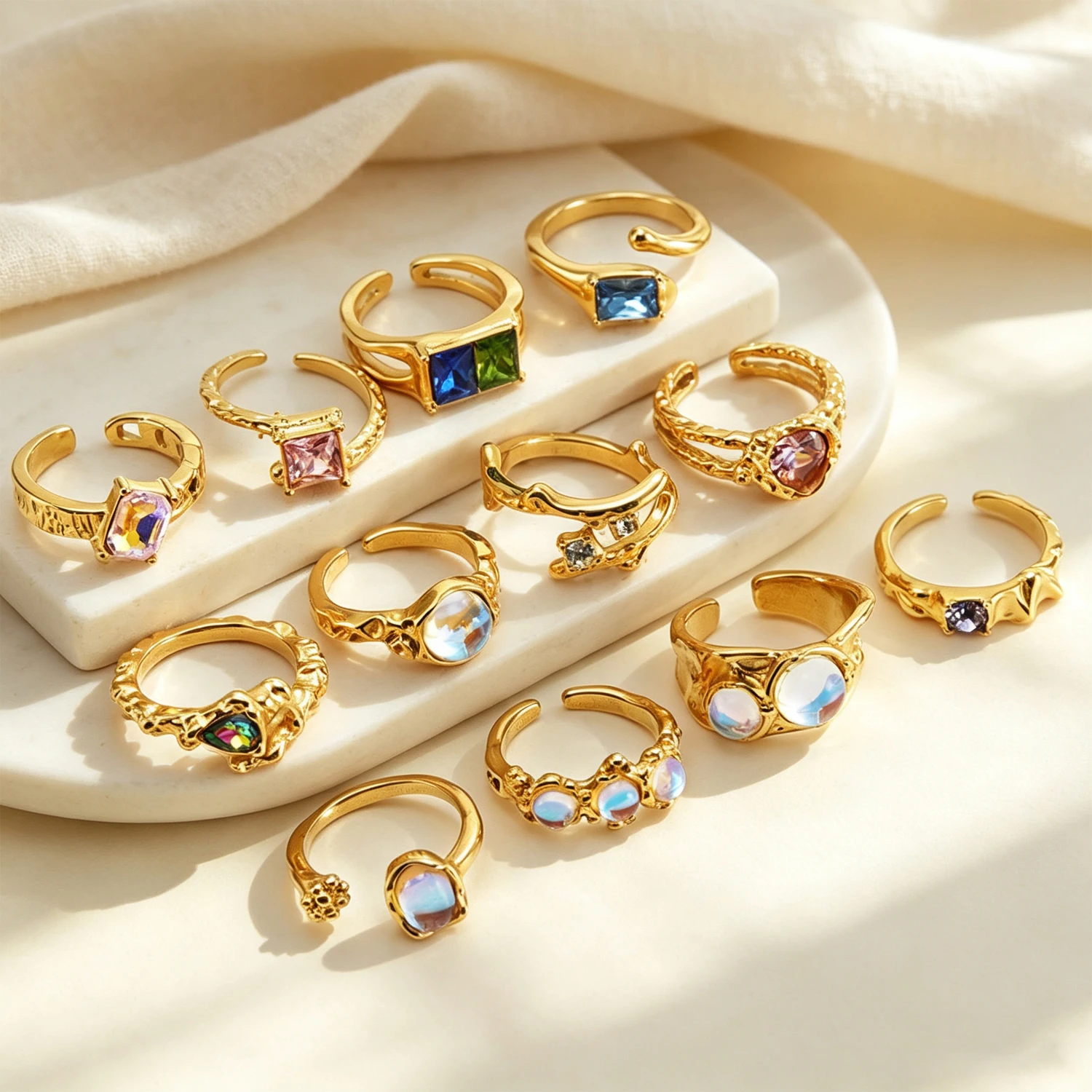 18K Gold Plated Stainless Steel Textured Band Inlaid Moonstone Cubic Zirconia Trendy Stackable Statement Finger Jewelry Gift