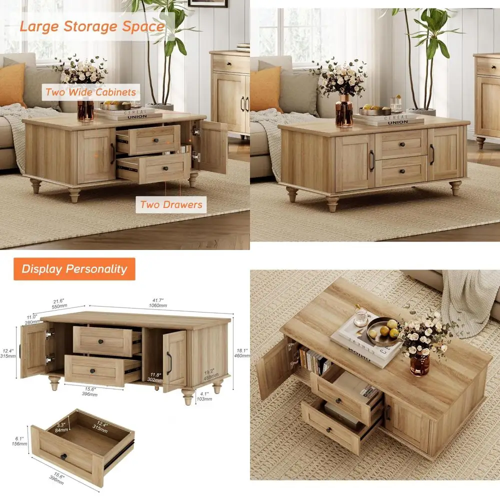 Rustic Wooden Coffee Table with Storage Cabinet for Living Room