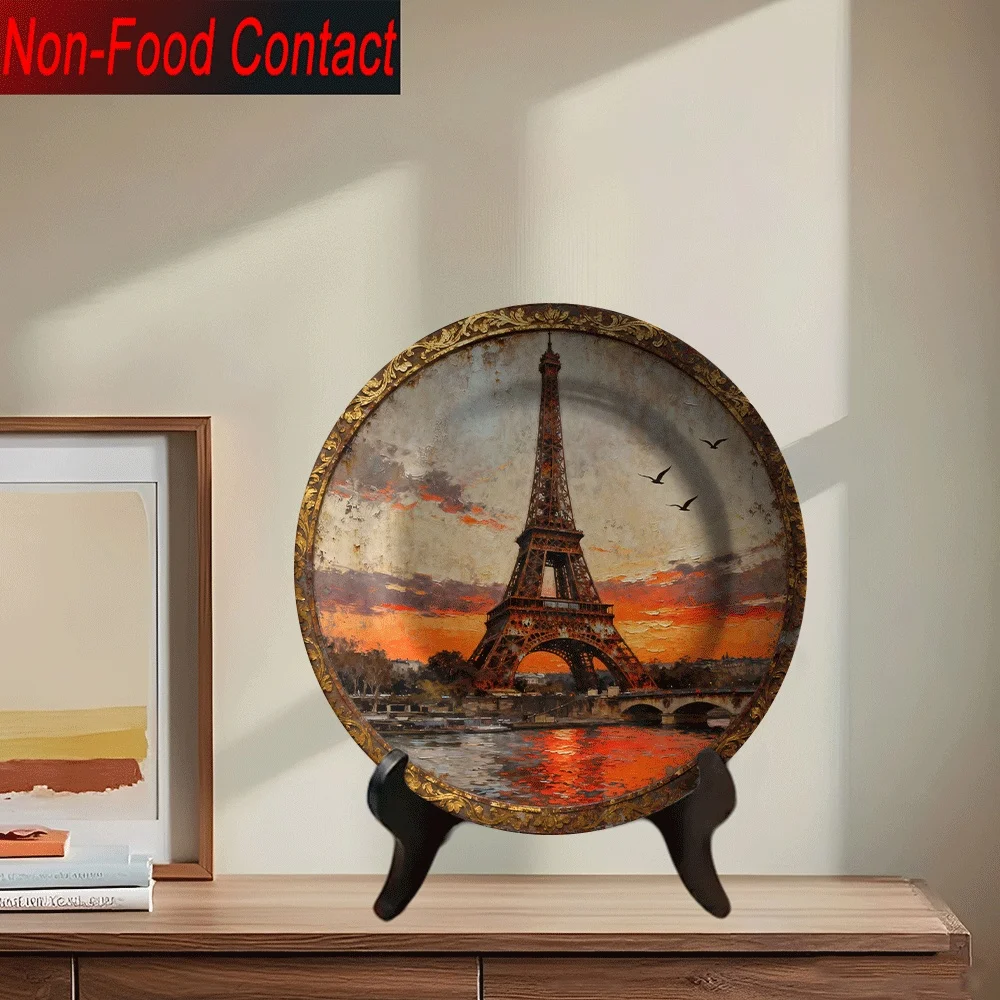 1pc Paris France Eiffel Tower Ceramic Decorative Plate - Golden French-Inspired Ornate Frame, Round Non-Food Contact Serving