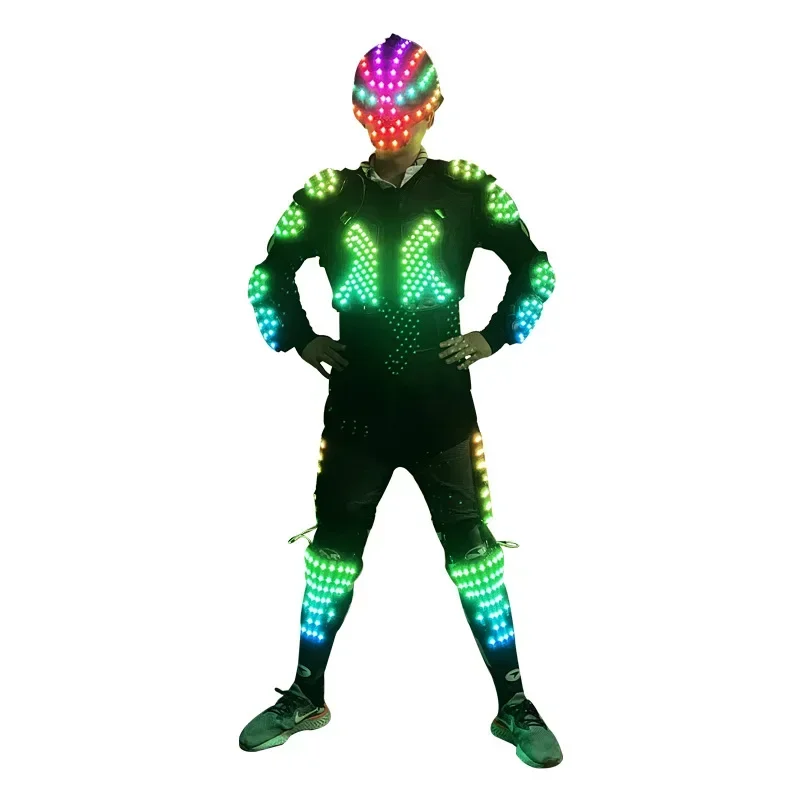 Carnival LED Light Up Robot Costume Men Halloween Warrior Cosplay Skull Helmet Armor Stage Performance Wear Party Show Rave Wear