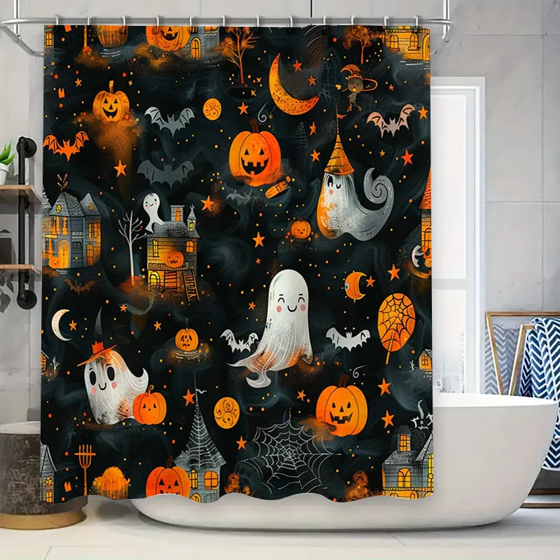 Halloween Decor Shower Curtain Spooky Ghosts Pumpkins Halloween-themed Bathroom Shower Curtains for Kids' Bathrooms
