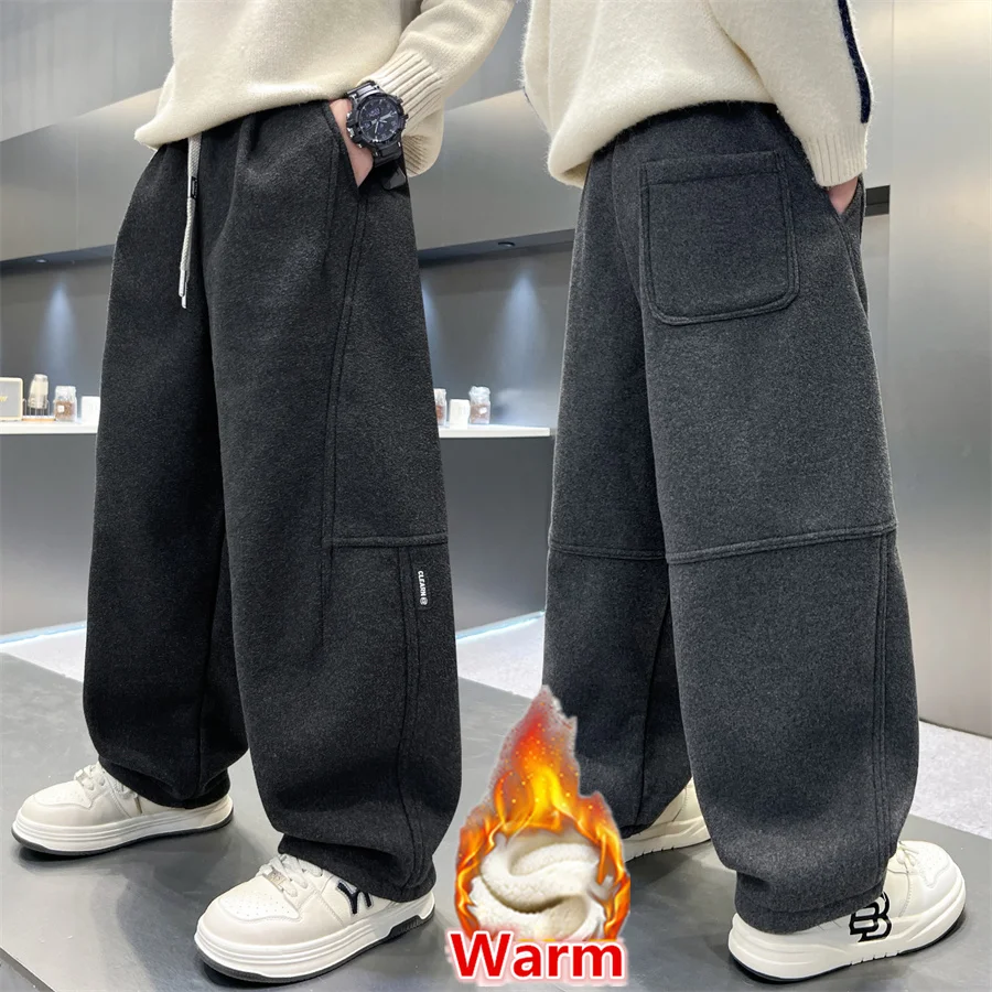 Children Warm Fleece Pants for Boy Knitwear Autumn-Winter Trousers Loose Style Kids Thick Thermal Trackpants 5 6 7 8 9 10 12 14Y