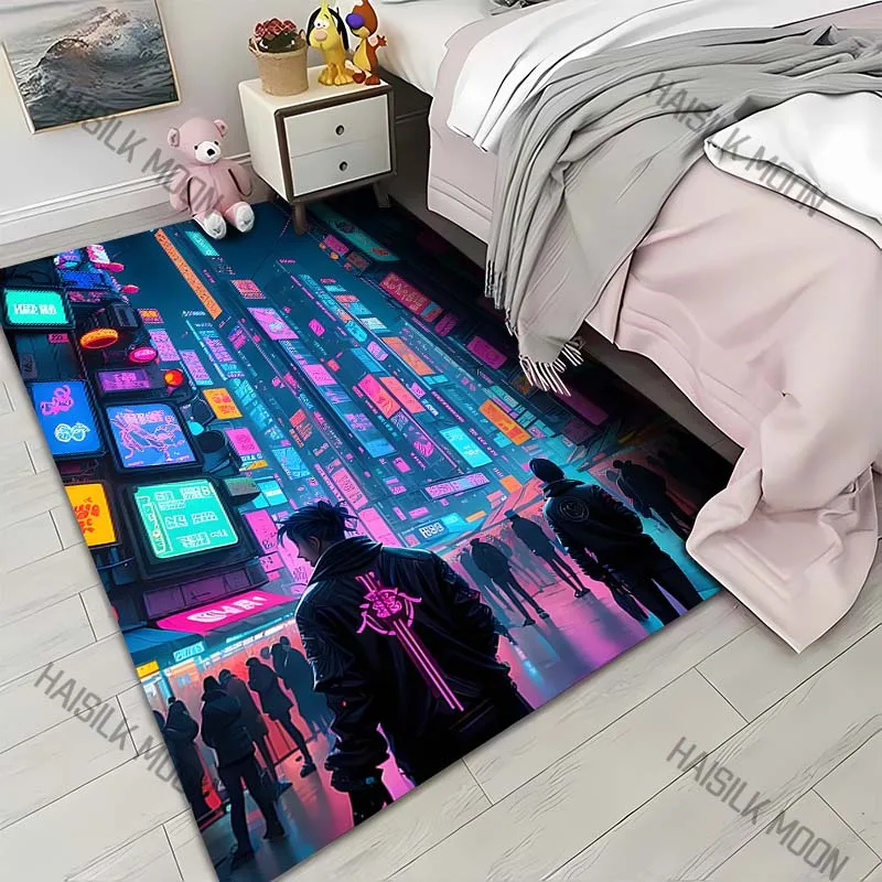 1PC Futuristic neon-lit city street Carpet for Living Room Bedroom Sofa Home Decor Rus Non-slip Floor Mat Luxury Gift