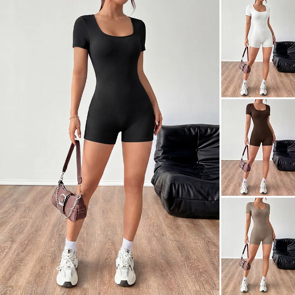 2026 Summer New Hot Girl Romper Sexy leisure sports U-Neck Short Sleeve Bodycon Shorts One-Piece Slim Jumpsuit woman clothing