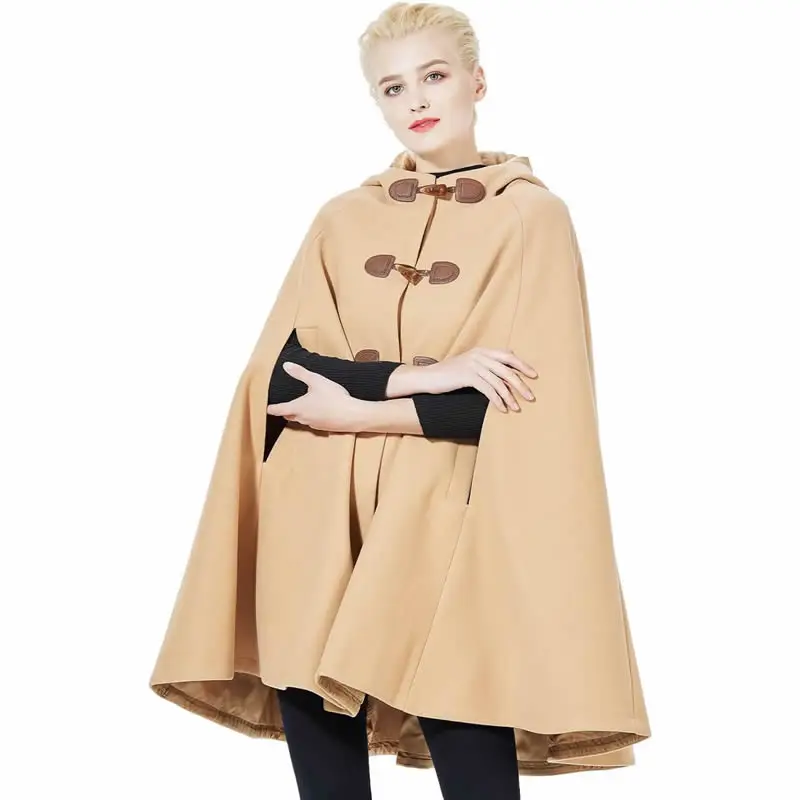 Women\'s Warm Hooded Poncho, Woolen Cloak, Horn Button Design, Monochromatic, Fashion, Winter