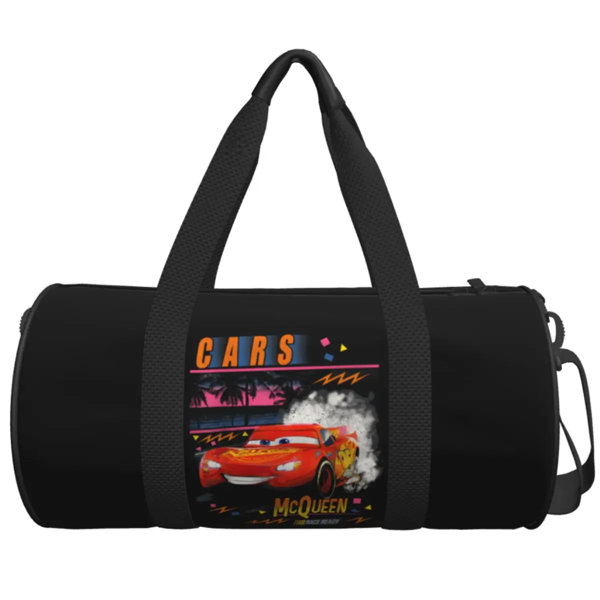 

Male Female Travel Bag Cars Lightning McQueen Palm Tree Sunset Gym Bag Large Oxford Design Handbag Retro Training Sports Bag