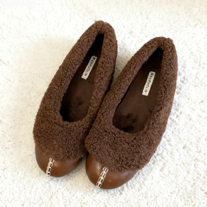 

Retro Brown Fluffy Plush Warm Flats Women Round Toe Sewing Design Autumn Winter Loafers Comfortable Soft Designer Casual Shoes
