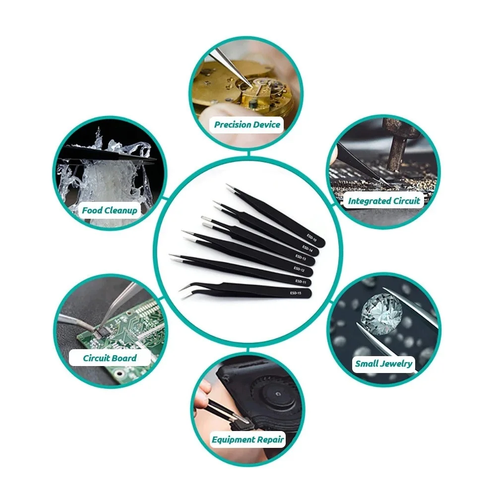 ESD Anti-Static Stainless Steel Tweezers Precision Maintenance Industrial Repair Curved Tool Home Working Model Making Hand Tool